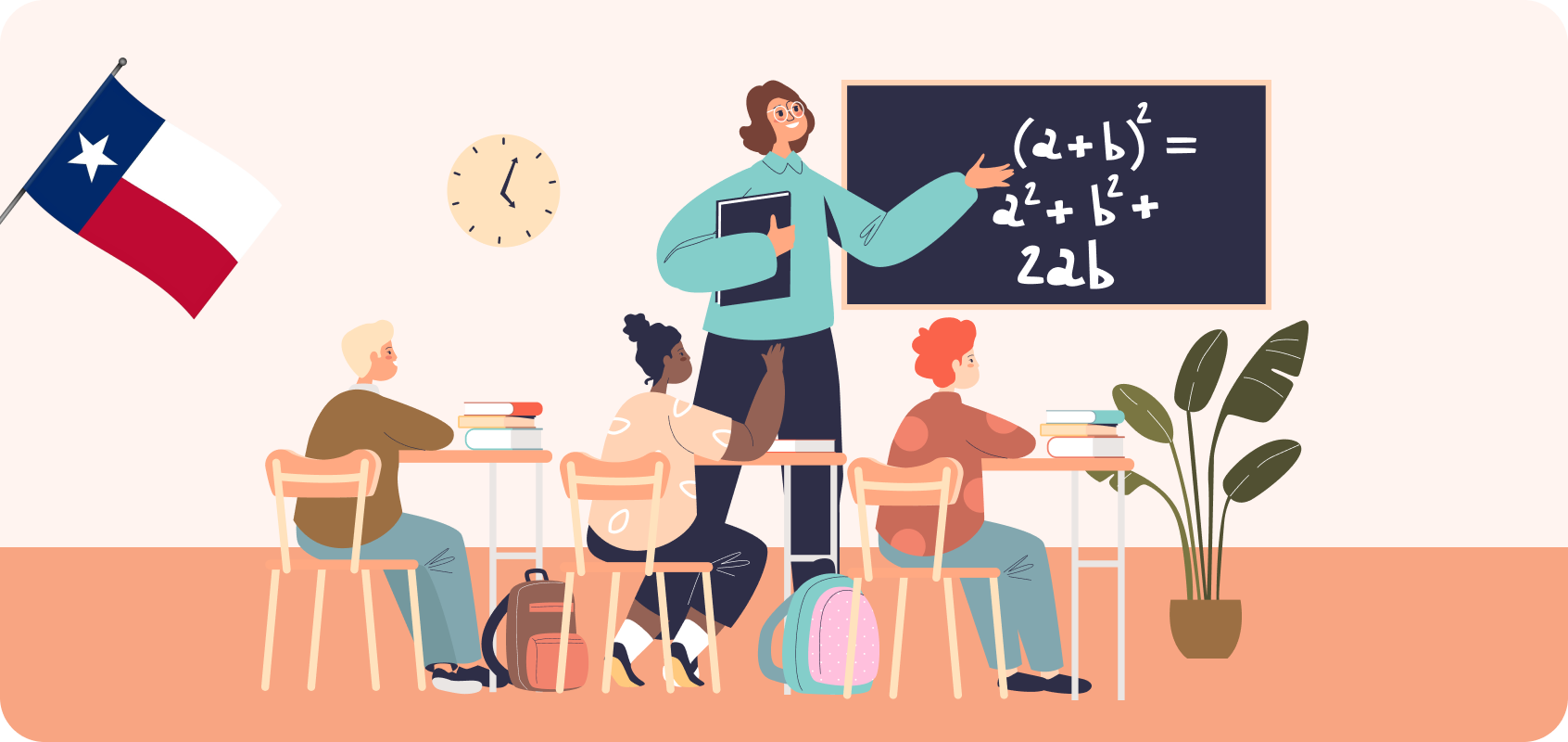 Illustration of a teacher explaining math to students in a Texas classroom.