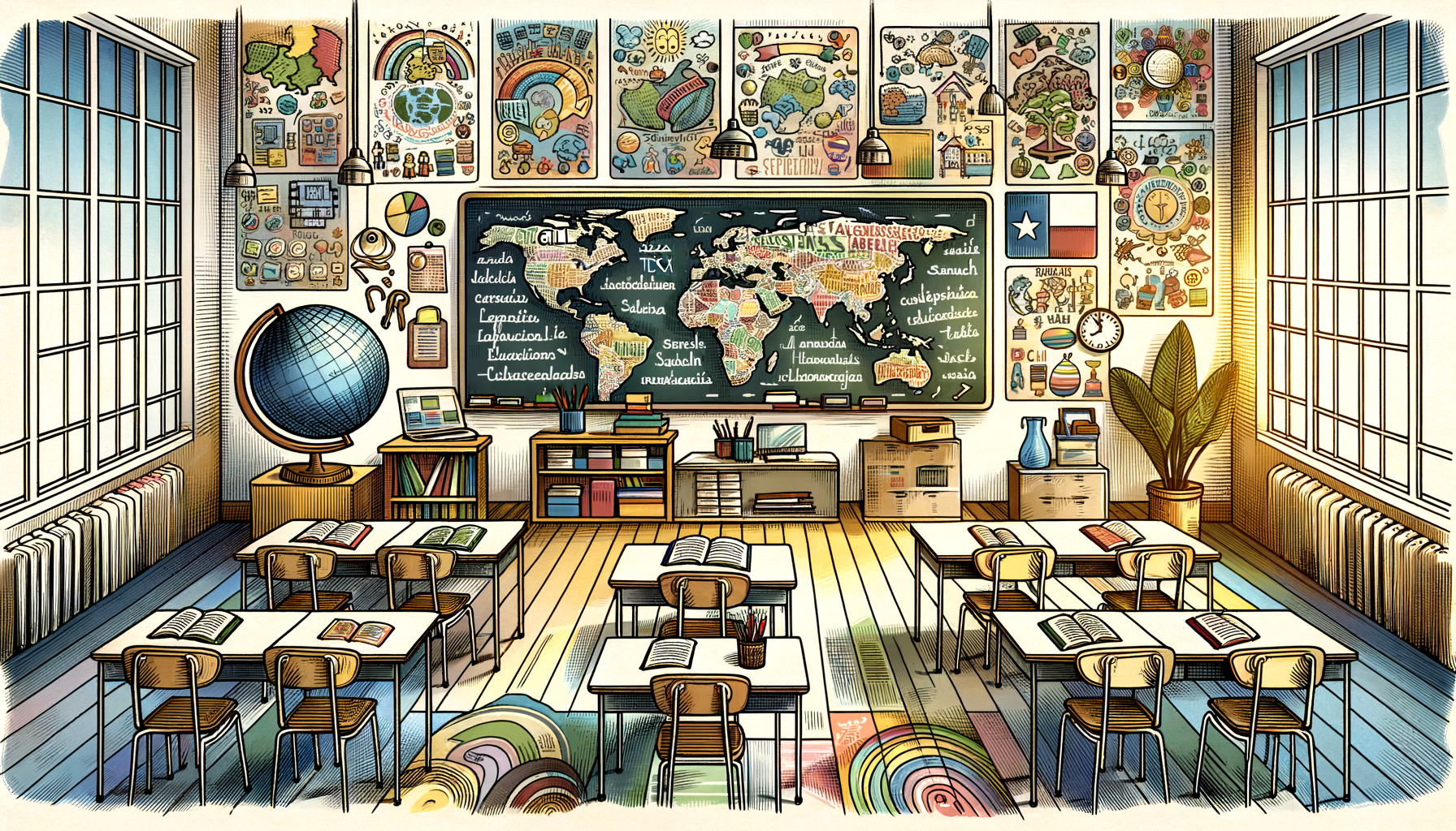 An open classroom setting featuring a chalkboard with bilingual educational materials