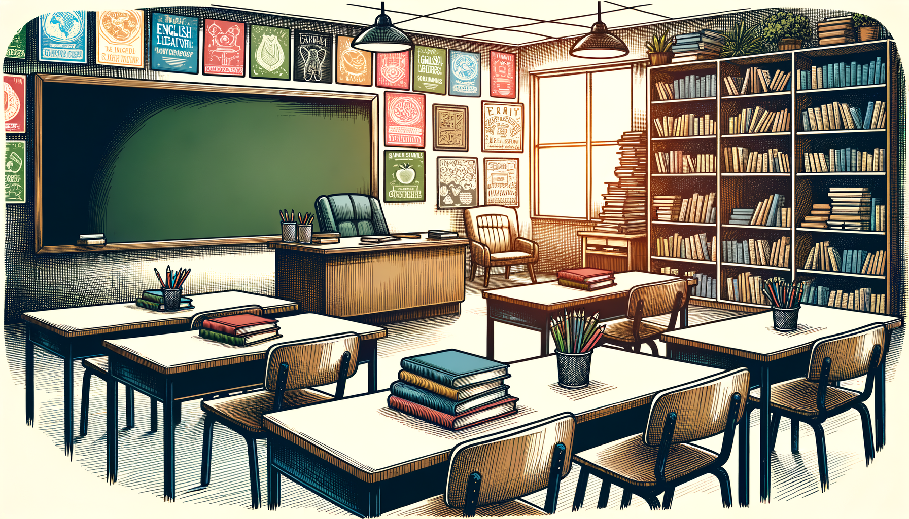 An open classroom with a chalkboard