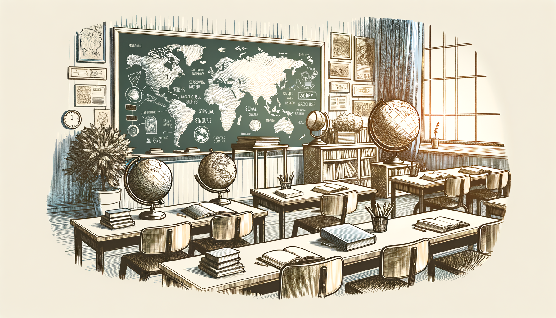 An open classroom filled with educational materials like maps