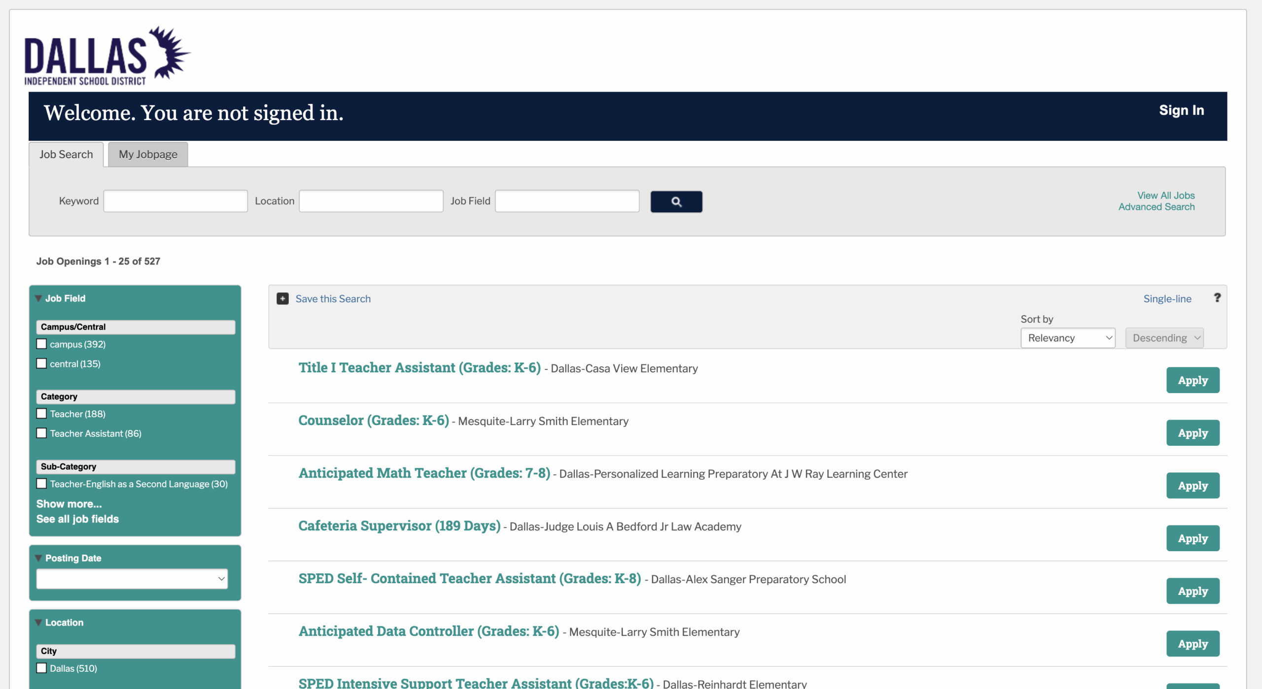 Dallas ISD Job Search page